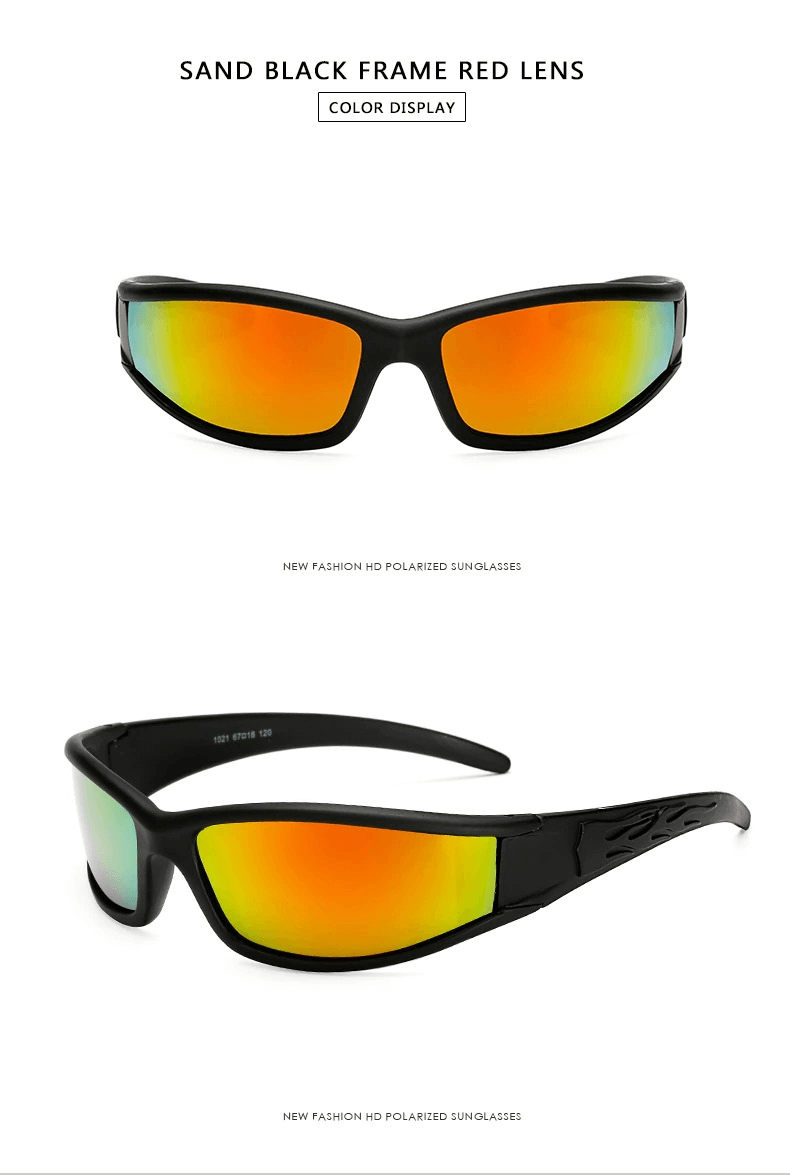 Unisex fashion polarized sunglasses with black frame and red lenses for outdoor activities. Anti-glare, UV400 protection.